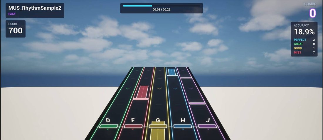 Default rhythm game template: five neon note lanes, hold notes and a score, accuracy and combo HUD