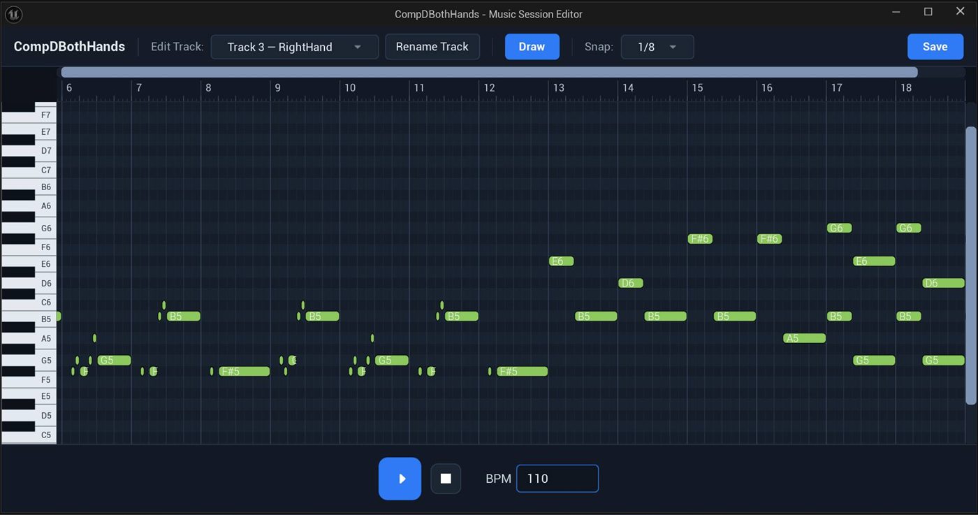 Music Session Editor in Unreal Engine: piano roll with snapping, track selector, draw mode and playback controls