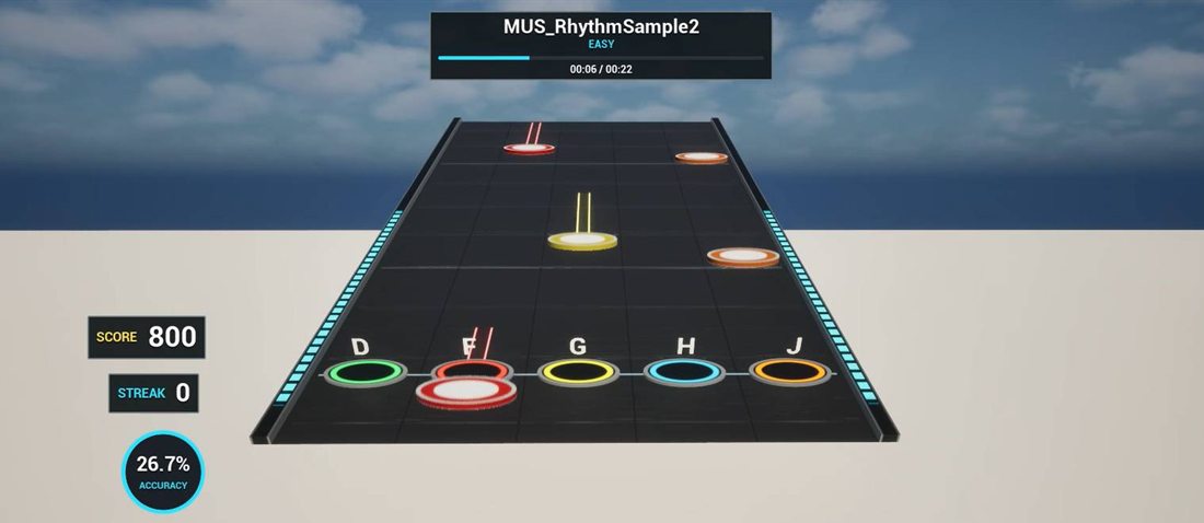 Stage rhythm game template: graphite stage deck with ring pads, puck notes, score, streak and accuracy HUD