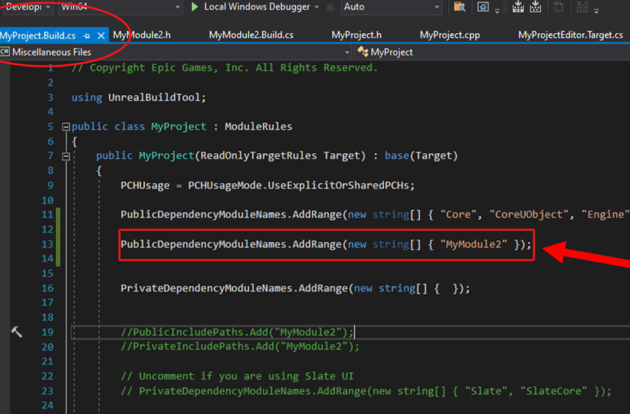 unreal build.cs add module to PublicDependency