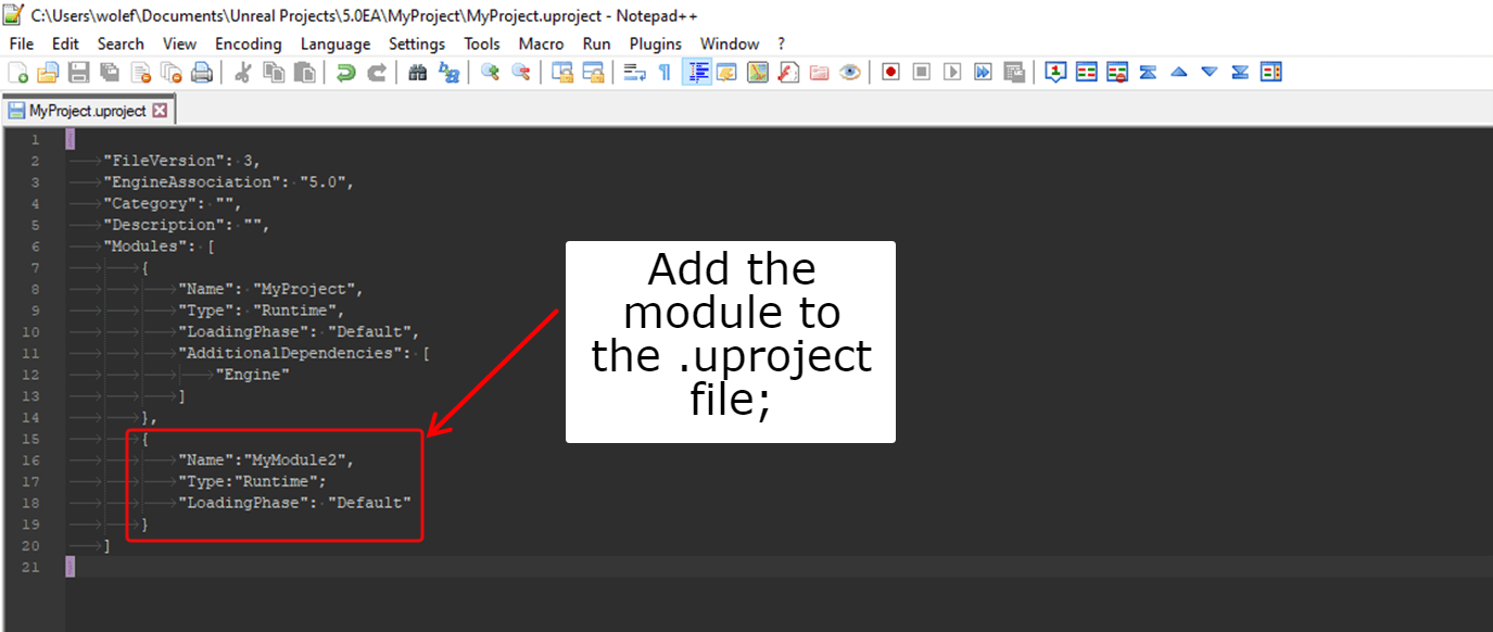 unreal add module to uproject file