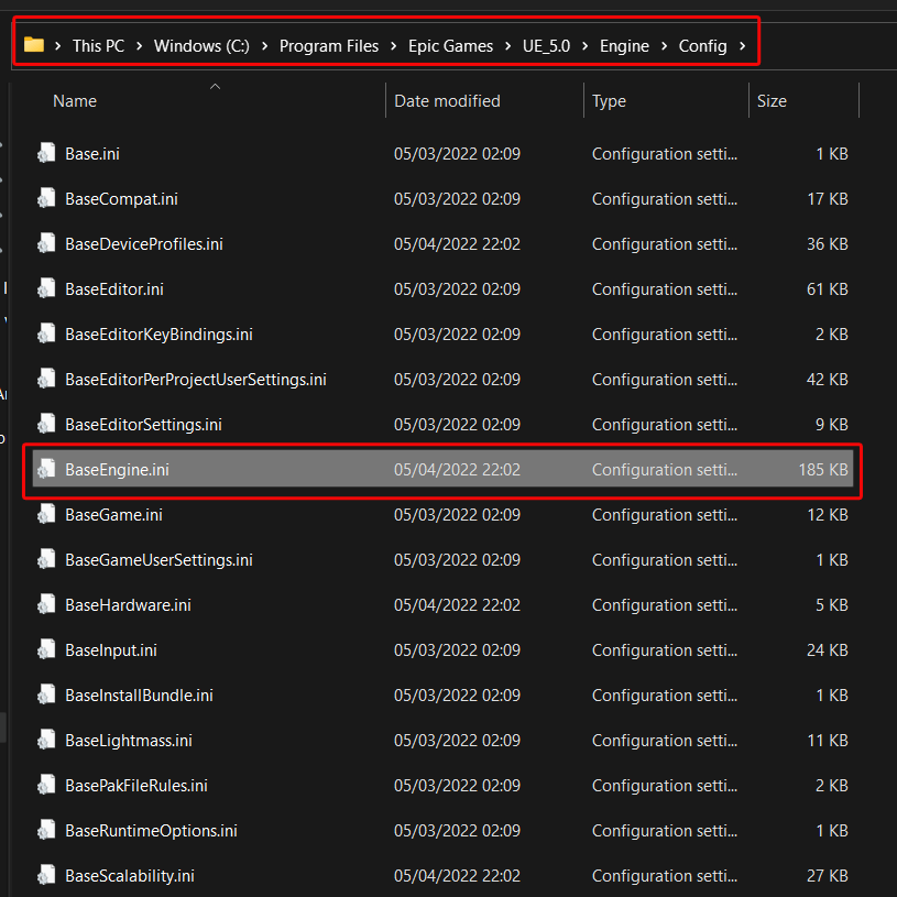 unreal engine baseEngine.ini config file